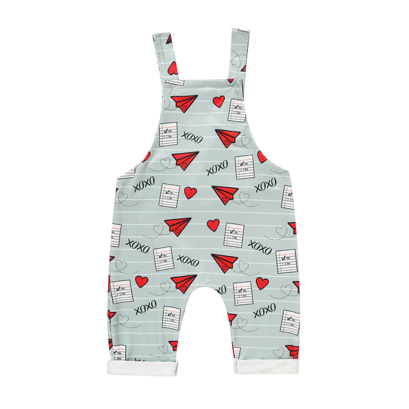 Baby Boy Girl's Casual Heart & Paper Plane Print Overalls, Adjustable Strap Romper For Spring Fall